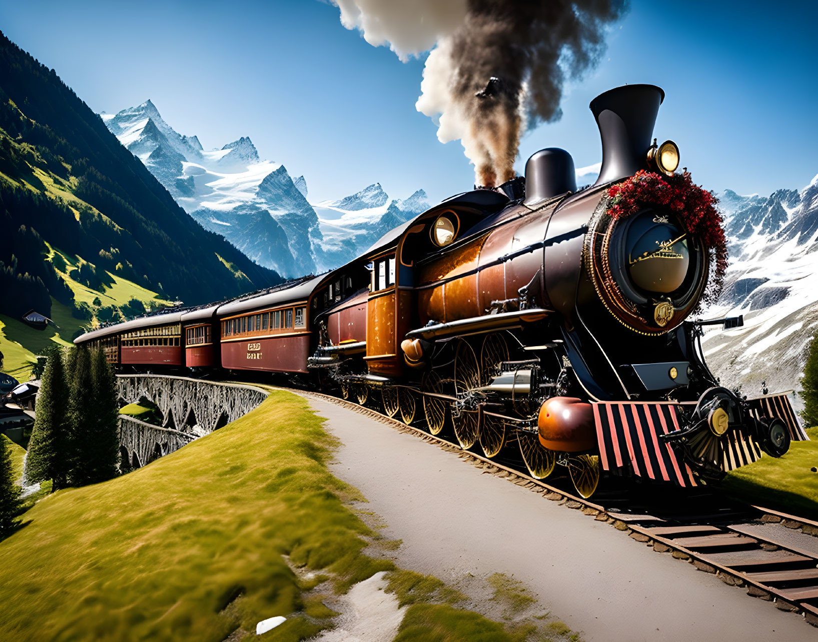 Vintage steam locomotive with wreath, billowing smoke, in mountainous landscape.