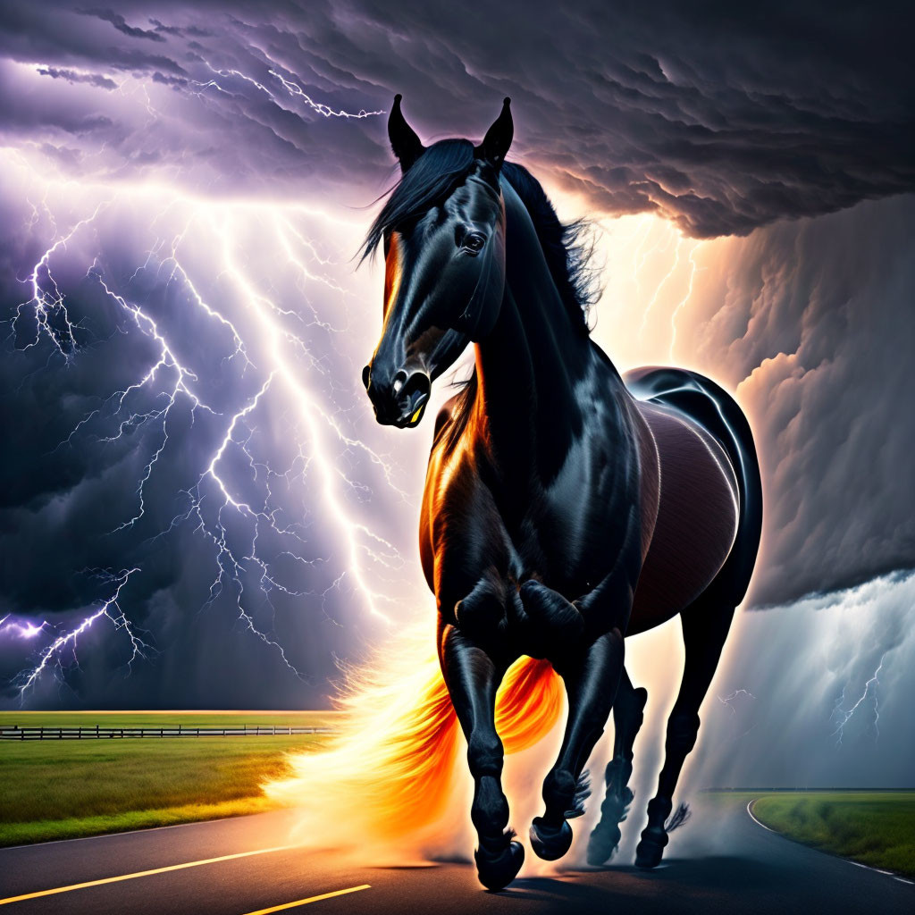 Black horse galloping on road with fiery hooves under dramatic skies