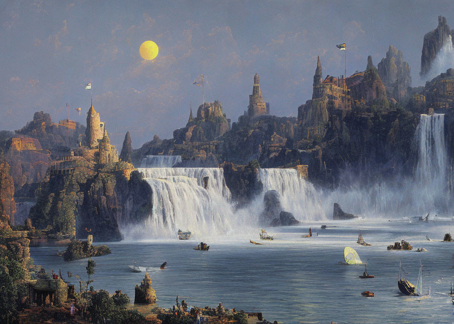 Panoramic landscape of city with castles, waterfalls, boats, and yellow moon