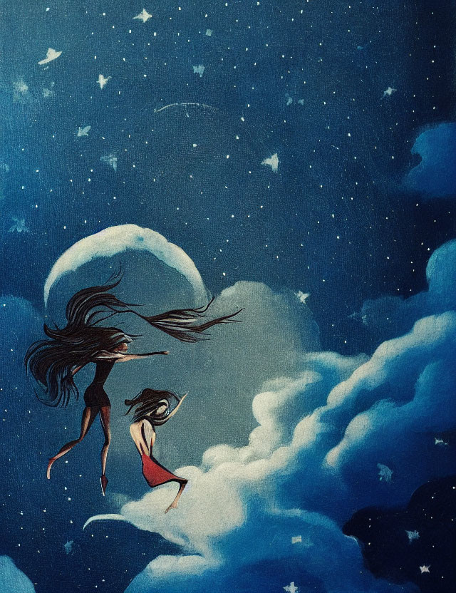 Animated figures leap in starry night sky with crescent moon & clouds.