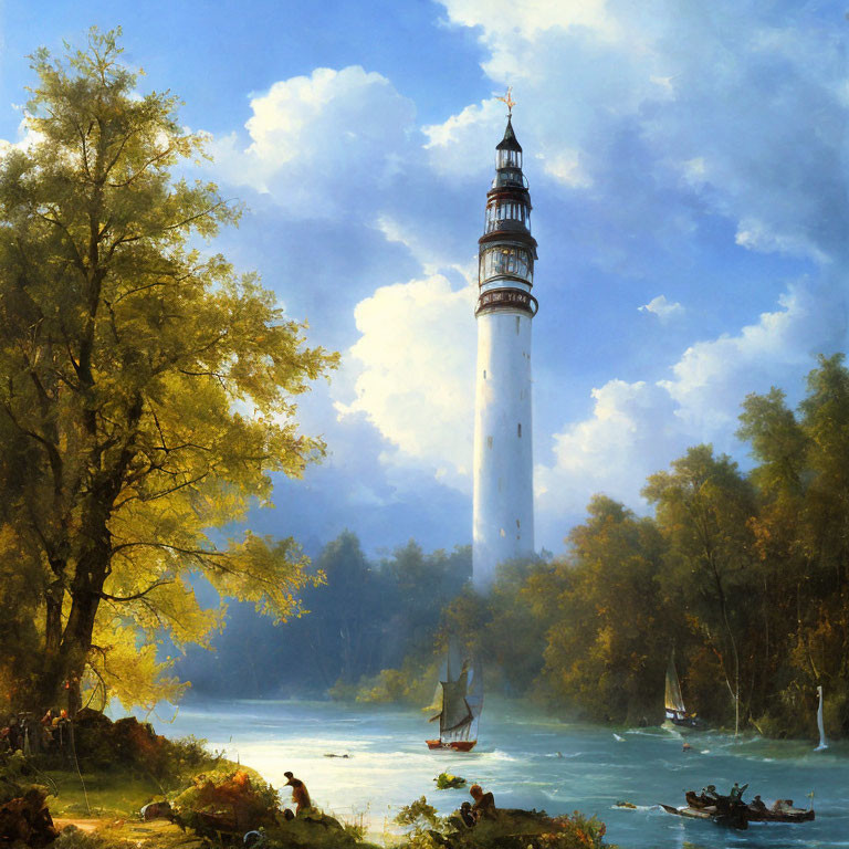 Tranquil landscape with white lighthouse, sailboats, and rowboats