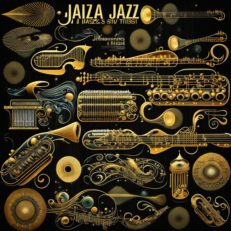 Stylized Golden Brass Instruments on Black Background with Jazz-Themed Typography