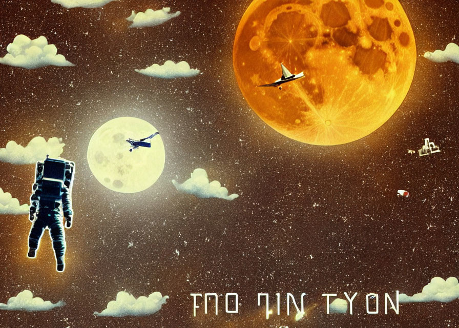 Astronaut in space with two moons, airplanes, and alien text against starry backdrop