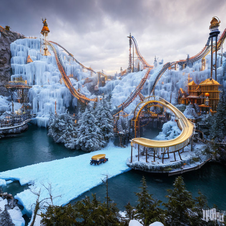 Frozen Theme Park with Ice-Covered Roller Coasters and Snowy Lake