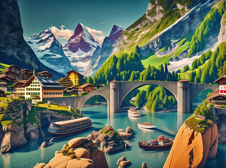 Scenic mountain village with river bridge and snowy peaks