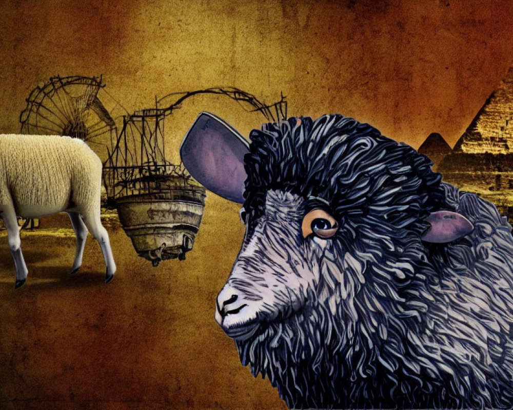 Collage featuring realistic and illustrated sheep with Egyptian pyramids and chariot.