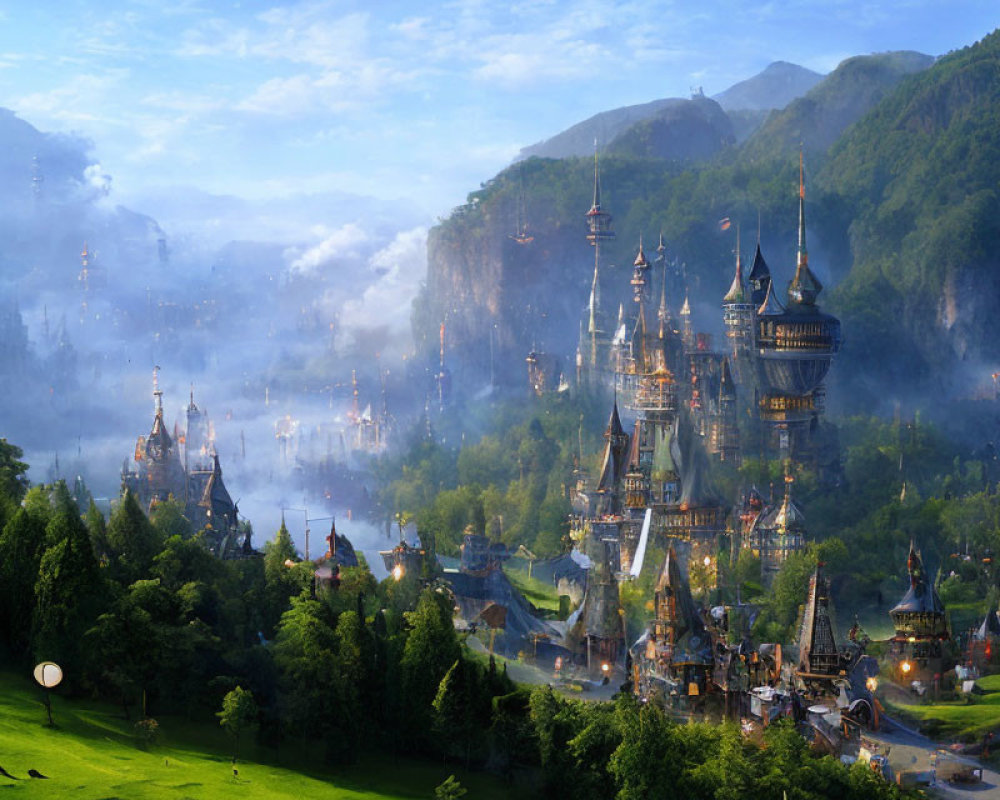 Fantastical Landscape with Castles, Mountains, and Greenery