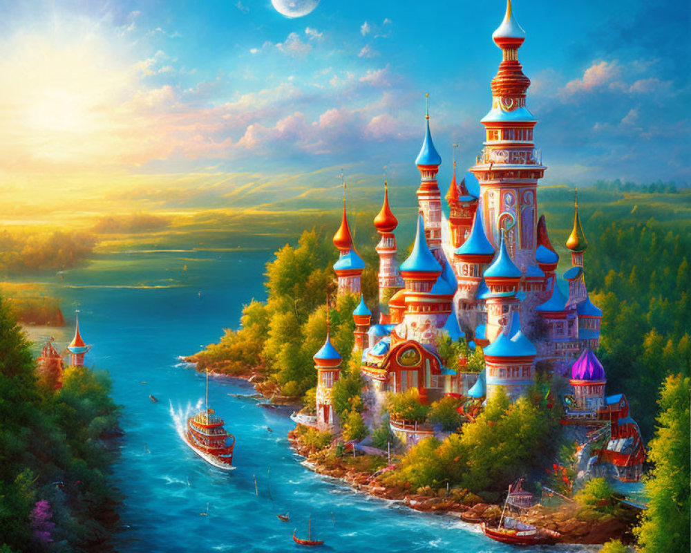 Colorful fantasy castle on island with river, boats, lush greenery, setting sun, moon