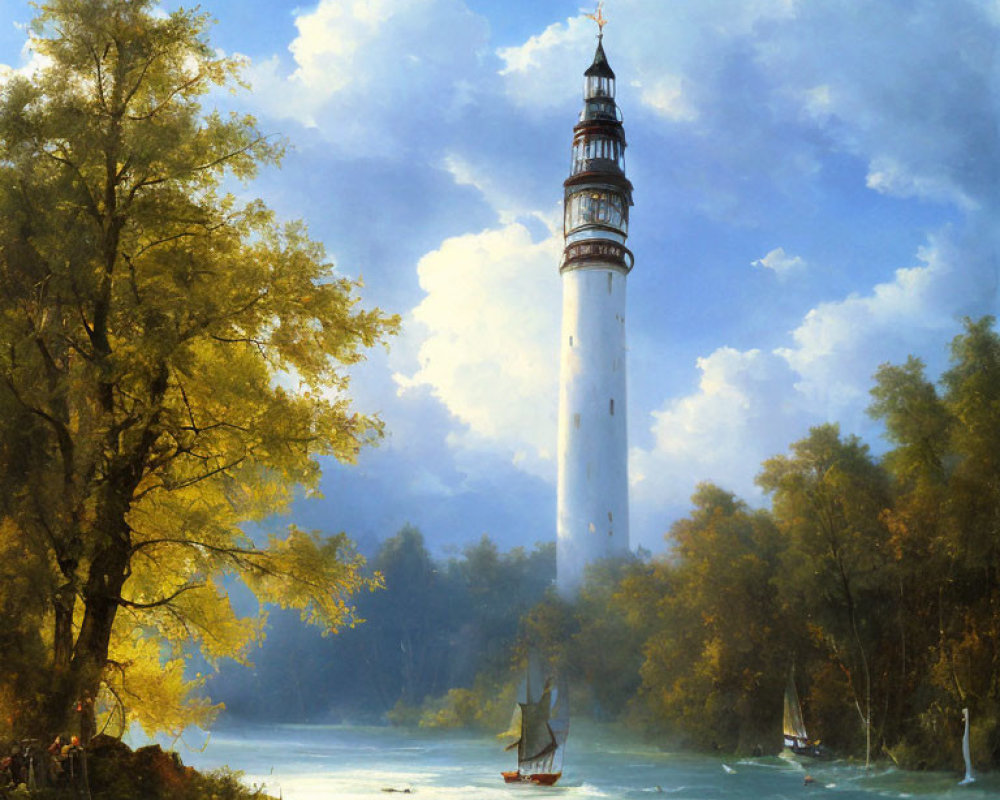 Tranquil landscape with white lighthouse, sailboats, and rowboats