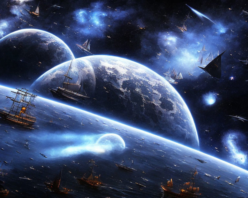 Cosmic sea with sailing ships and planets in surreal space fantasy