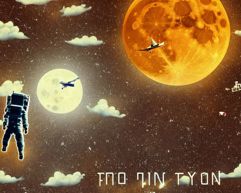 Astronaut in space with two moons, airplanes, and alien text against starry backdrop