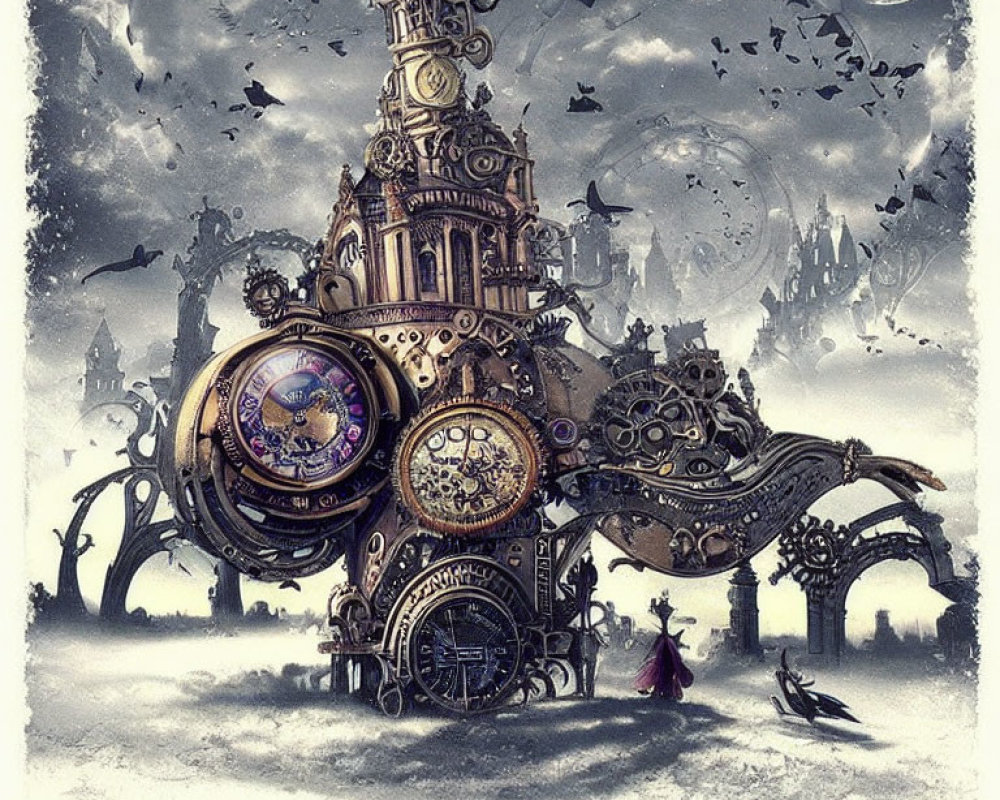 Steampunk clockwork castle under moody sky with solitary figure