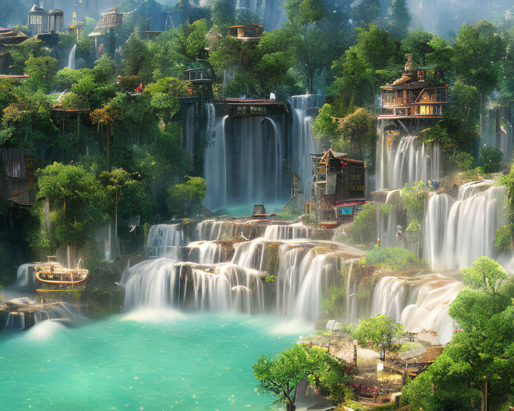 Fantastical landscape with waterfalls, pagoda structures, and serene waters