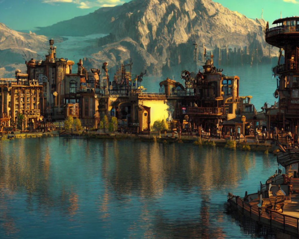 Advanced buildings in futuristic city by serene lake and towering mountains at golden hour