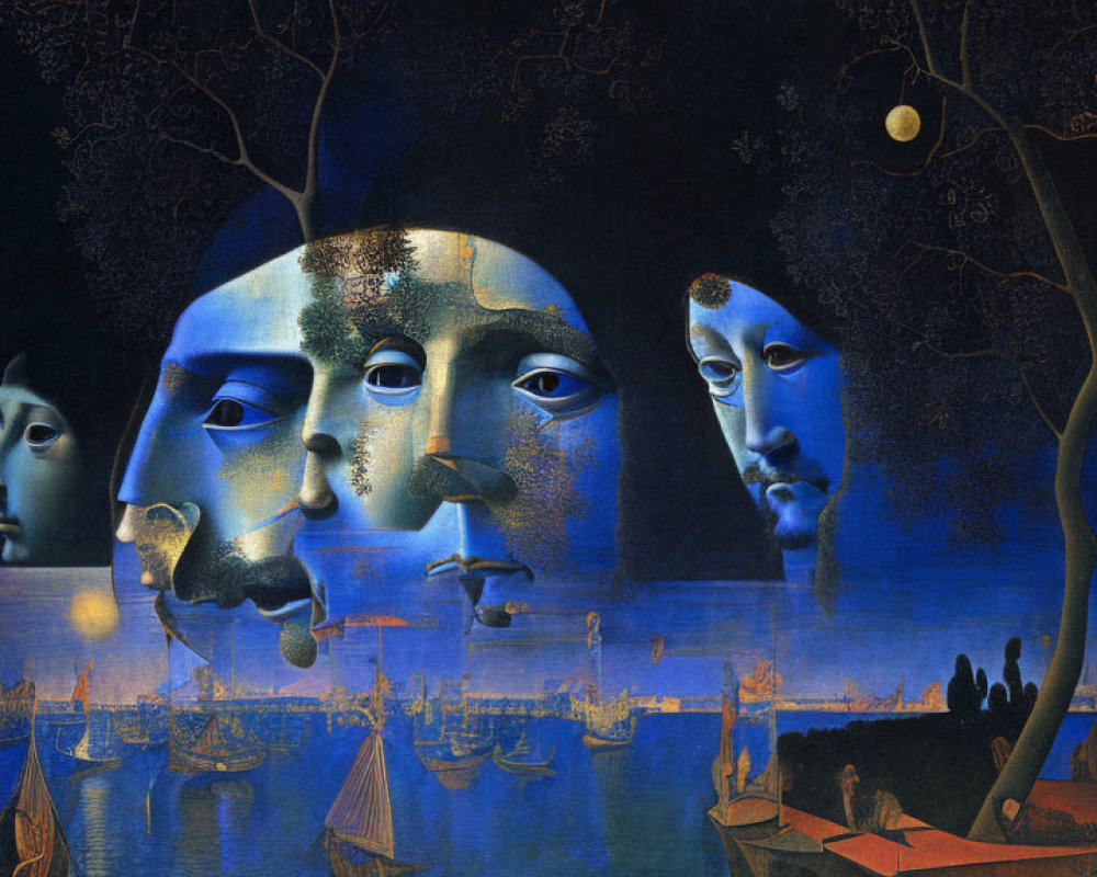 Surrealist painting with overlapping faces and nocturnal landscape