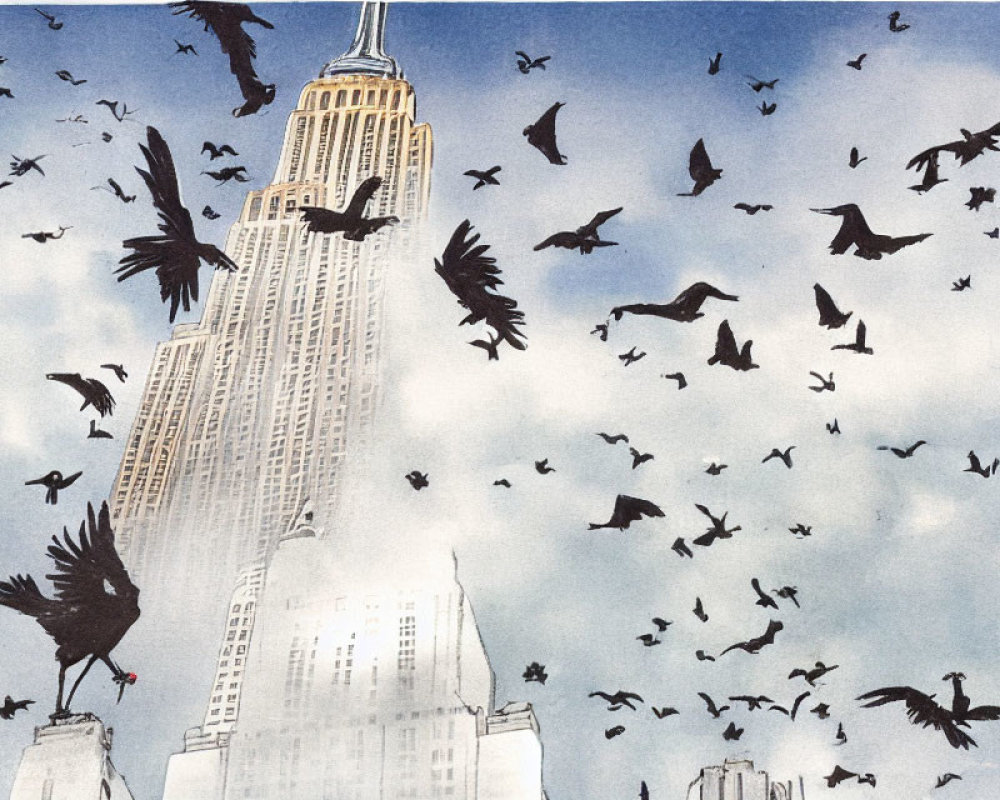 Empire State Building illustration with birds under cloudy sky