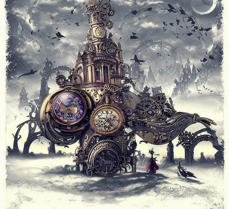 Steampunk clockwork castle under moody sky with solitary figure