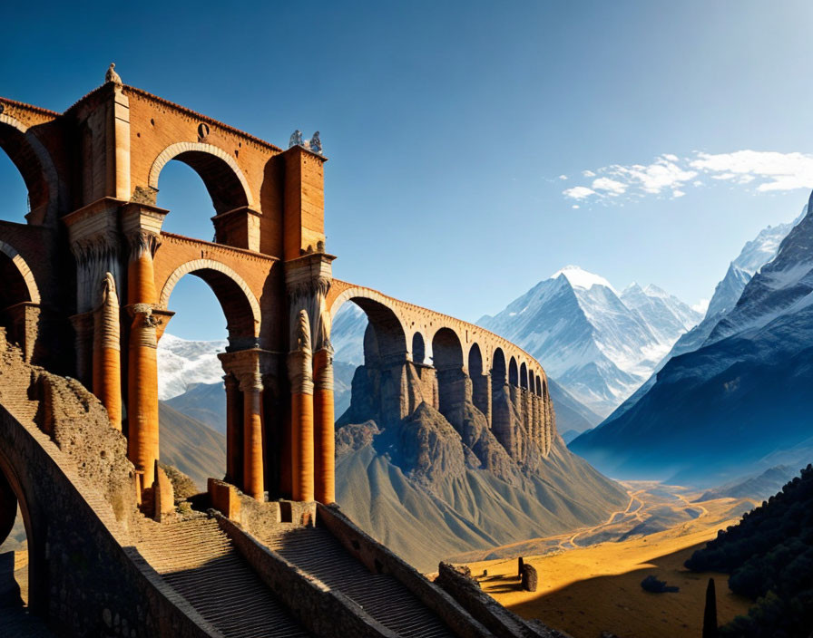 Ancient Arched Bridge Over Snow-Capped Mountains