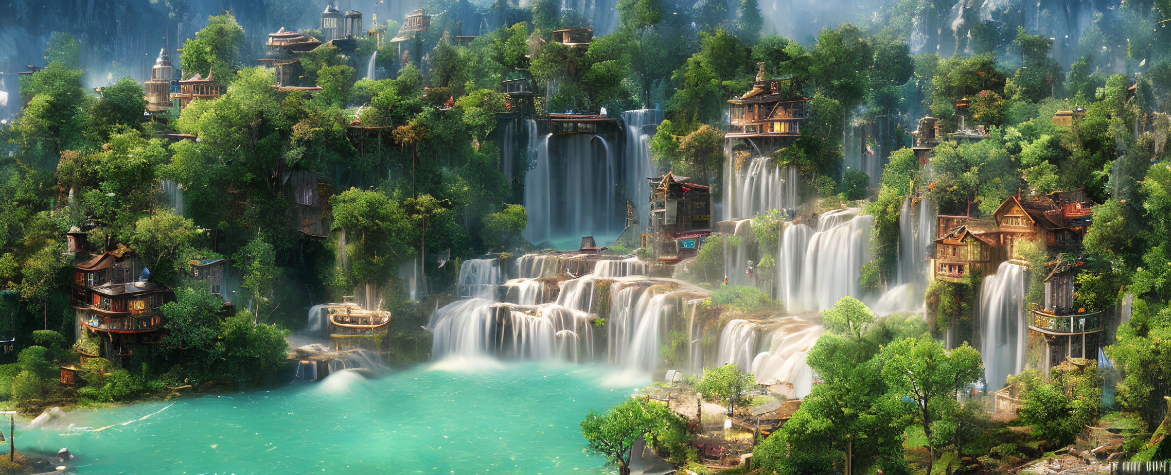 Fantastical landscape with waterfalls, pagoda structures, and serene waters