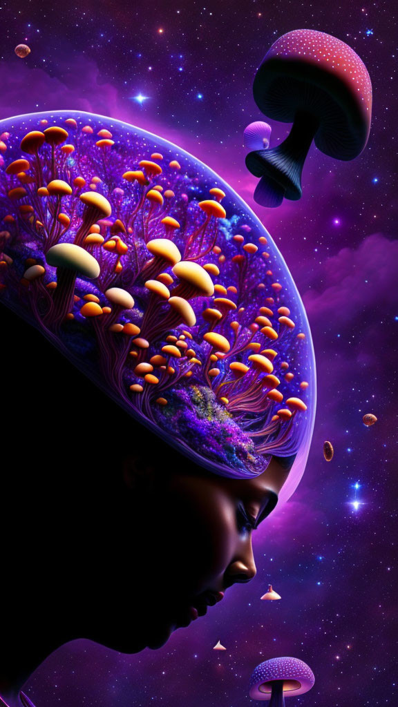 Profile portrait with cosmic brain landscape and vibrant mushrooms on starry purple background