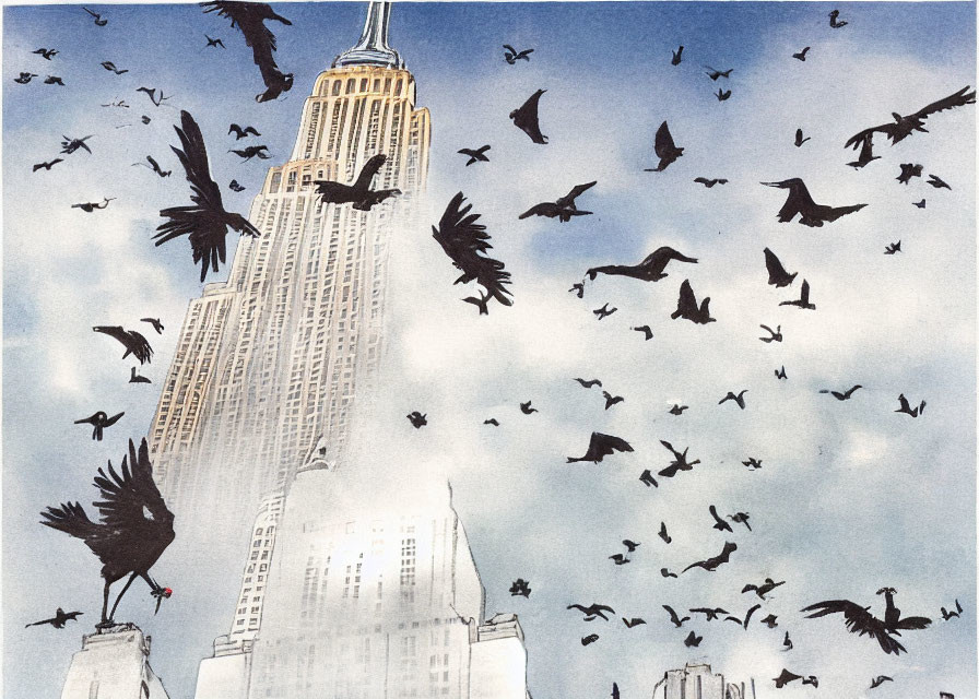 Empire State Building illustration with birds under cloudy sky