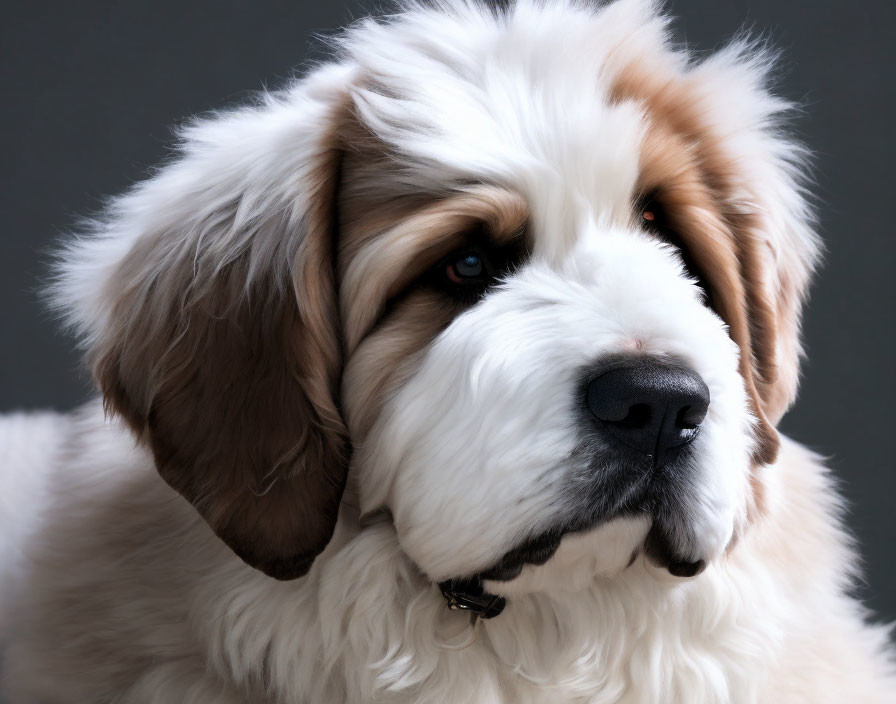 Brown and White Saint Bernard Dog Close-Up on Grey Background