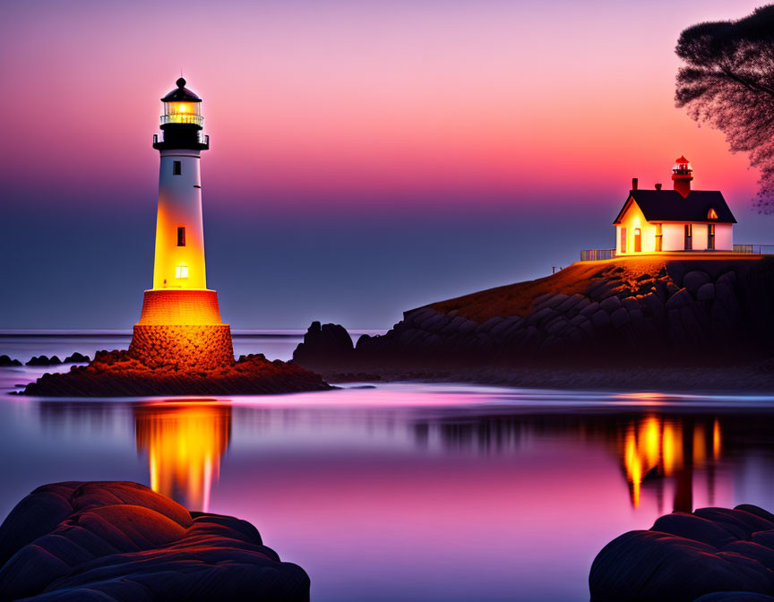 Lighthouse and building illuminated at dusk by calm water