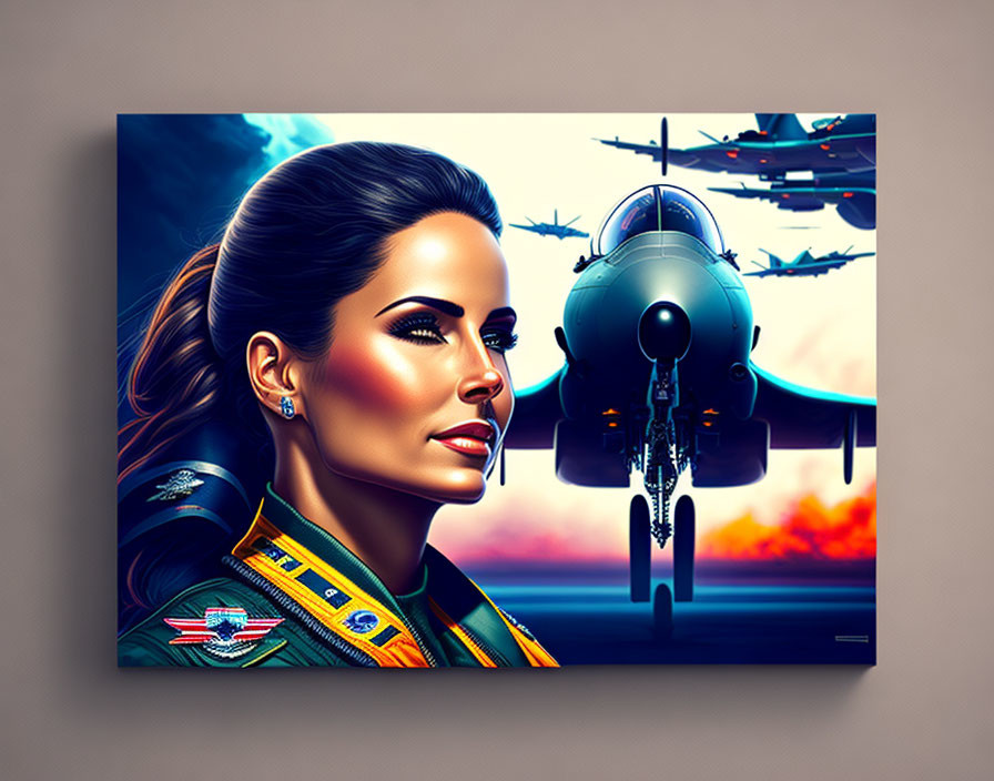 Stylized portrait of woman in military uniform with fighter jets and sunset.