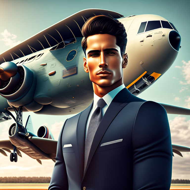 Colorful man in suit with airplane in bold illustration