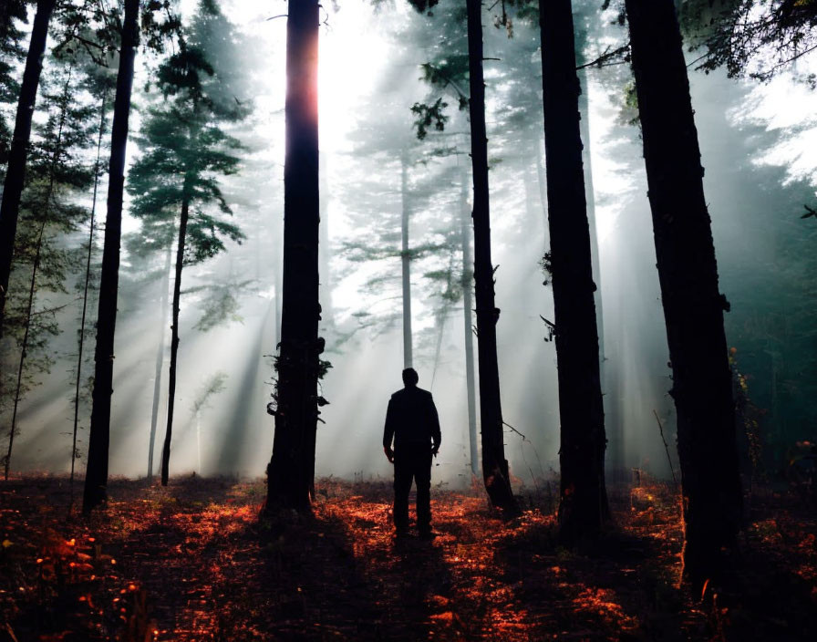 Person in forest with tall trees and light rays creating mystical ambiance