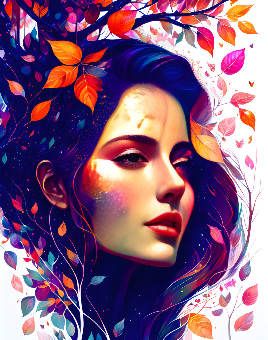 Colorful Autumnal Portrait of Woman with Falling Leaves