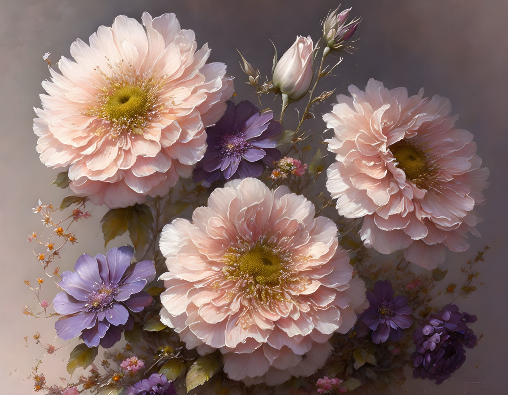 Pink and Purple Blooming Flower Bouquet on Muted Background