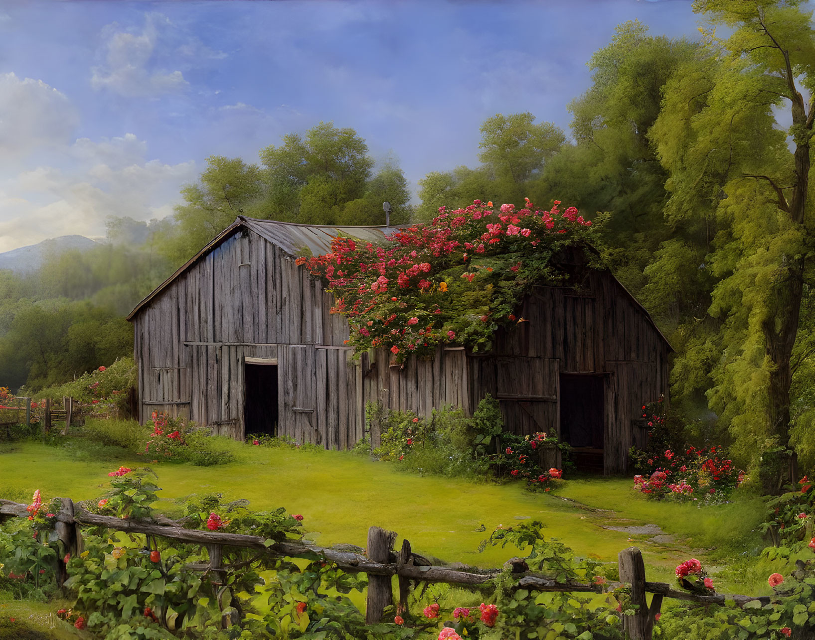 Rustic wooden barn in lush greenery with red flowers under cloudy sky