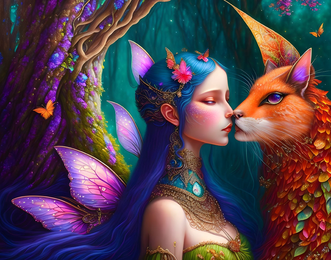 Fantastical illustration of ethereal woman with butterfly wings and majestic fox in vibrant forest