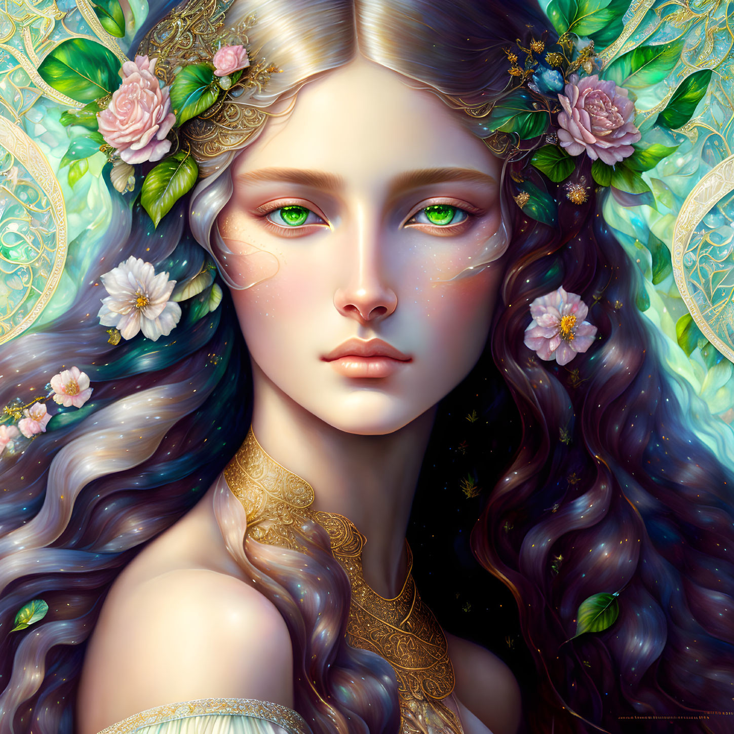 Ethereal artwork of woman with flowy hair and floral adornments