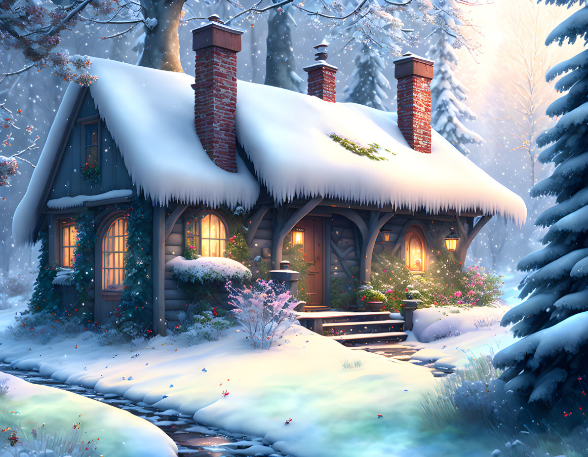 Snow-covered cottage in serene winter landscape