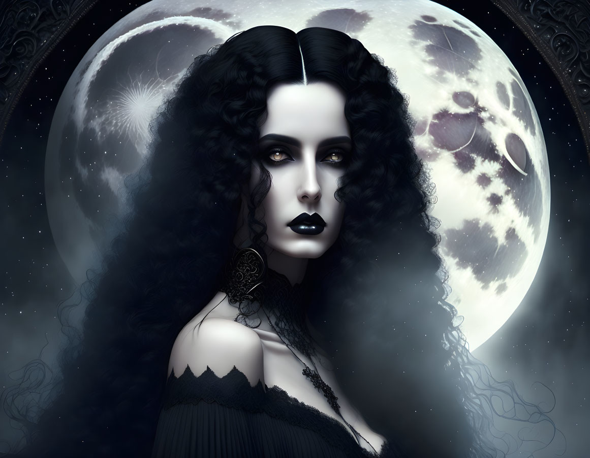 Gothic woman with black curly hair under full moon