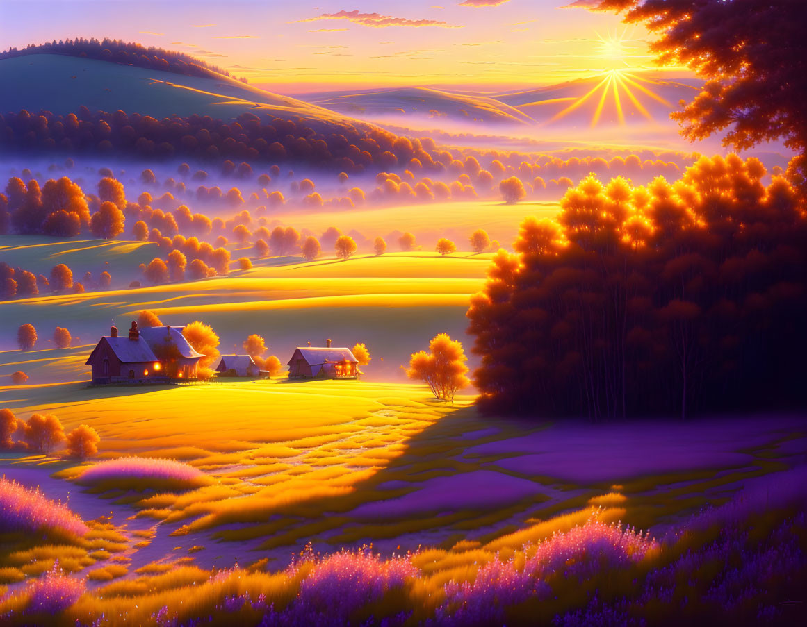 Scenic sunrise landscape: rolling hills, cottages, golden fields, misty trees