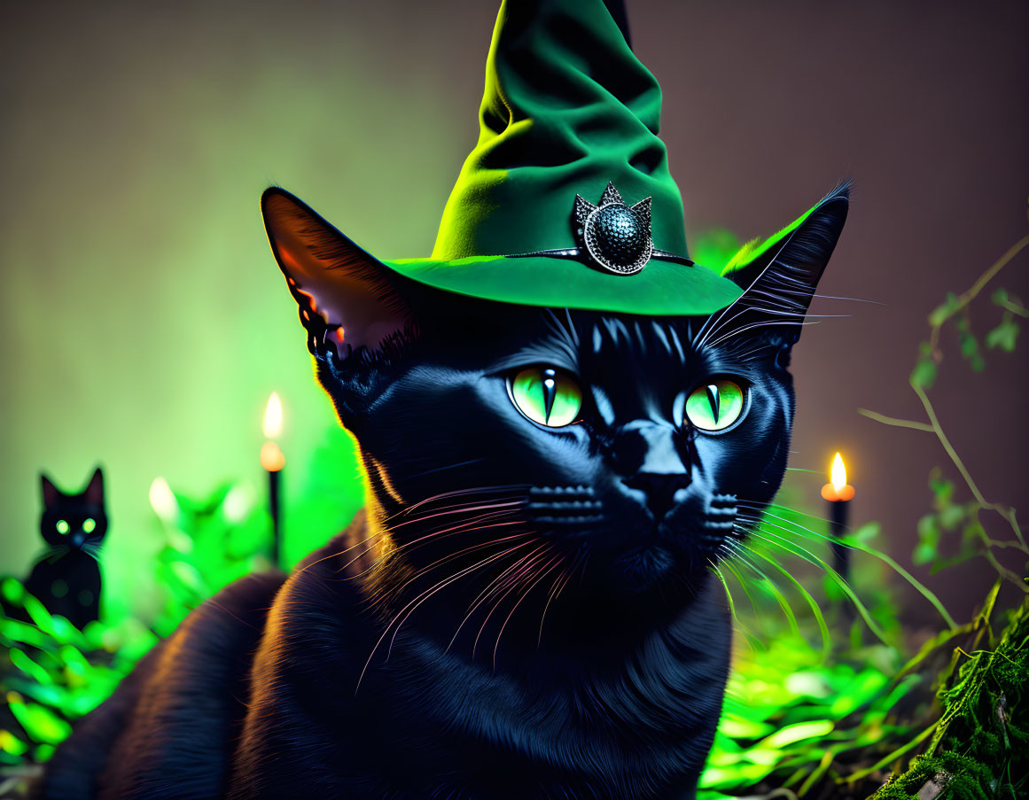 Black Cat in Witch Hat Surrounded by Candles and Silhouette