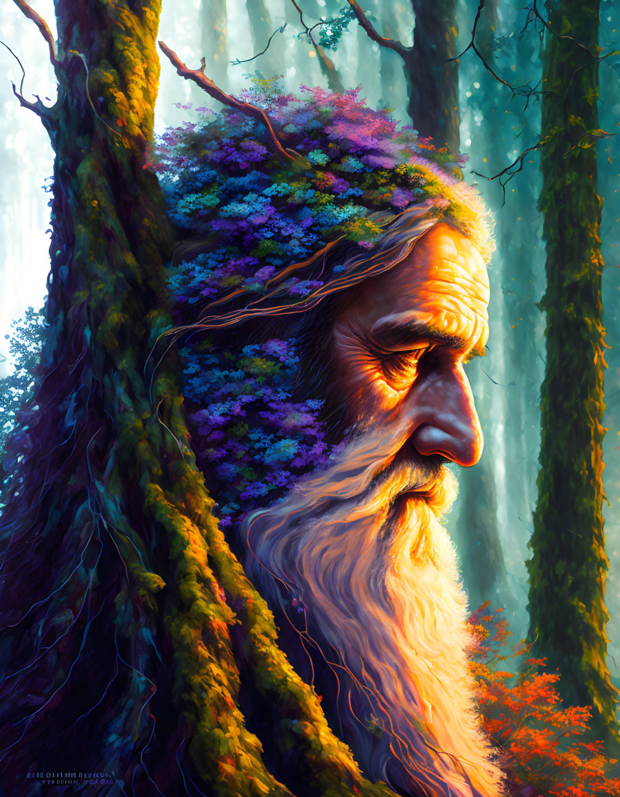 Elderly Man with Purple Flower Crown in Mystical Forest Scene