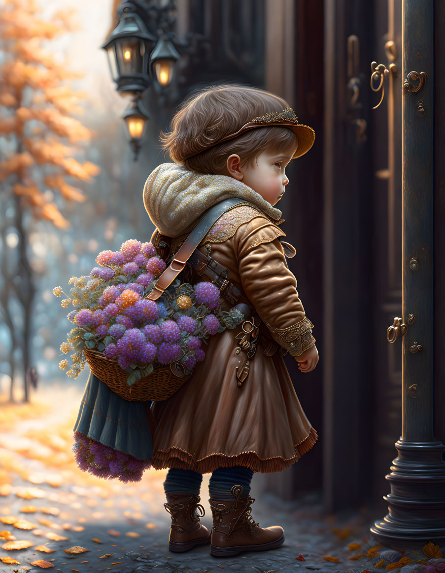 Toddler in autumn outfit with beret and backpack by misty tree-lined avenue