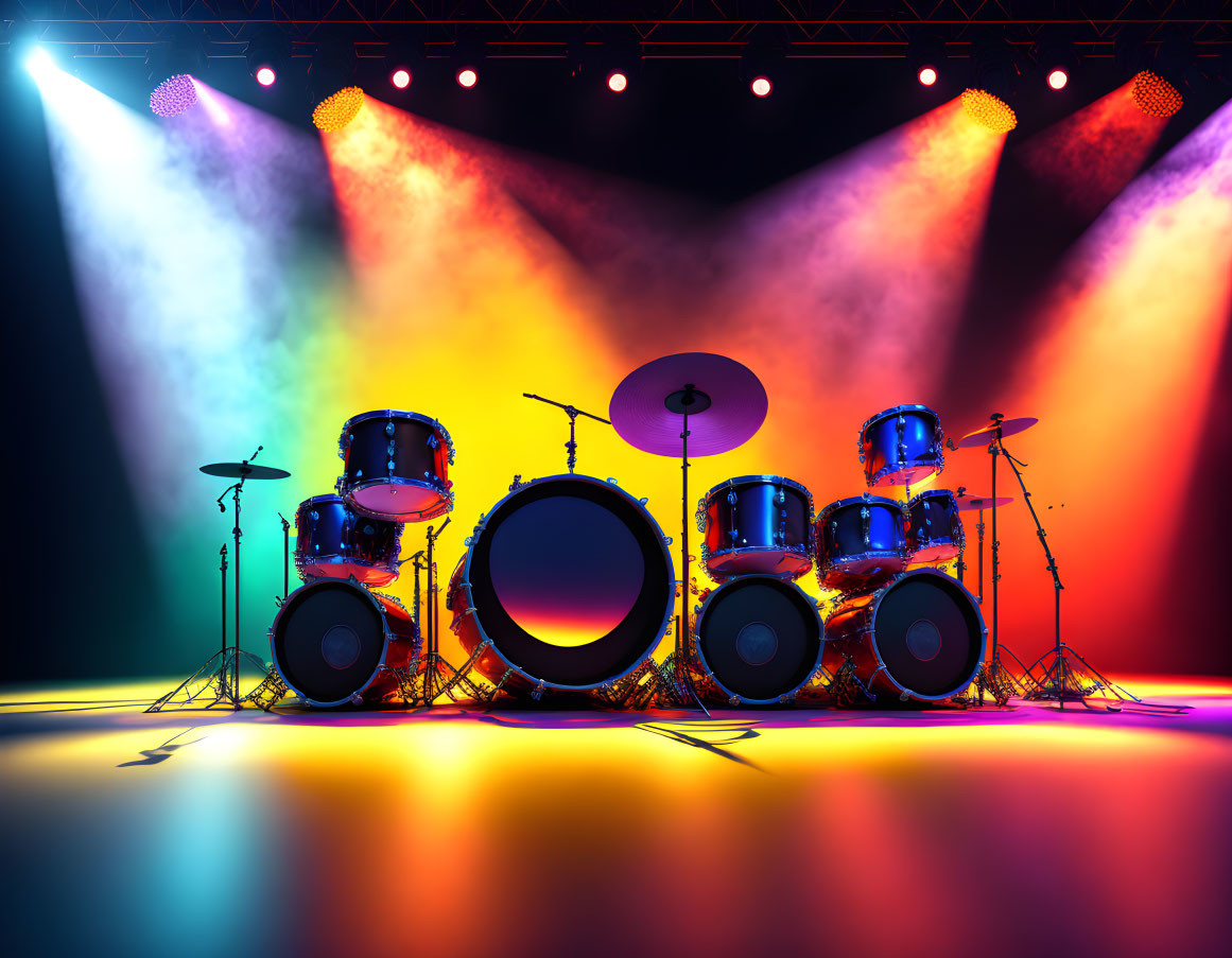 Colorful Drum Set on Stage with Vibrant Smoke and Spotlights