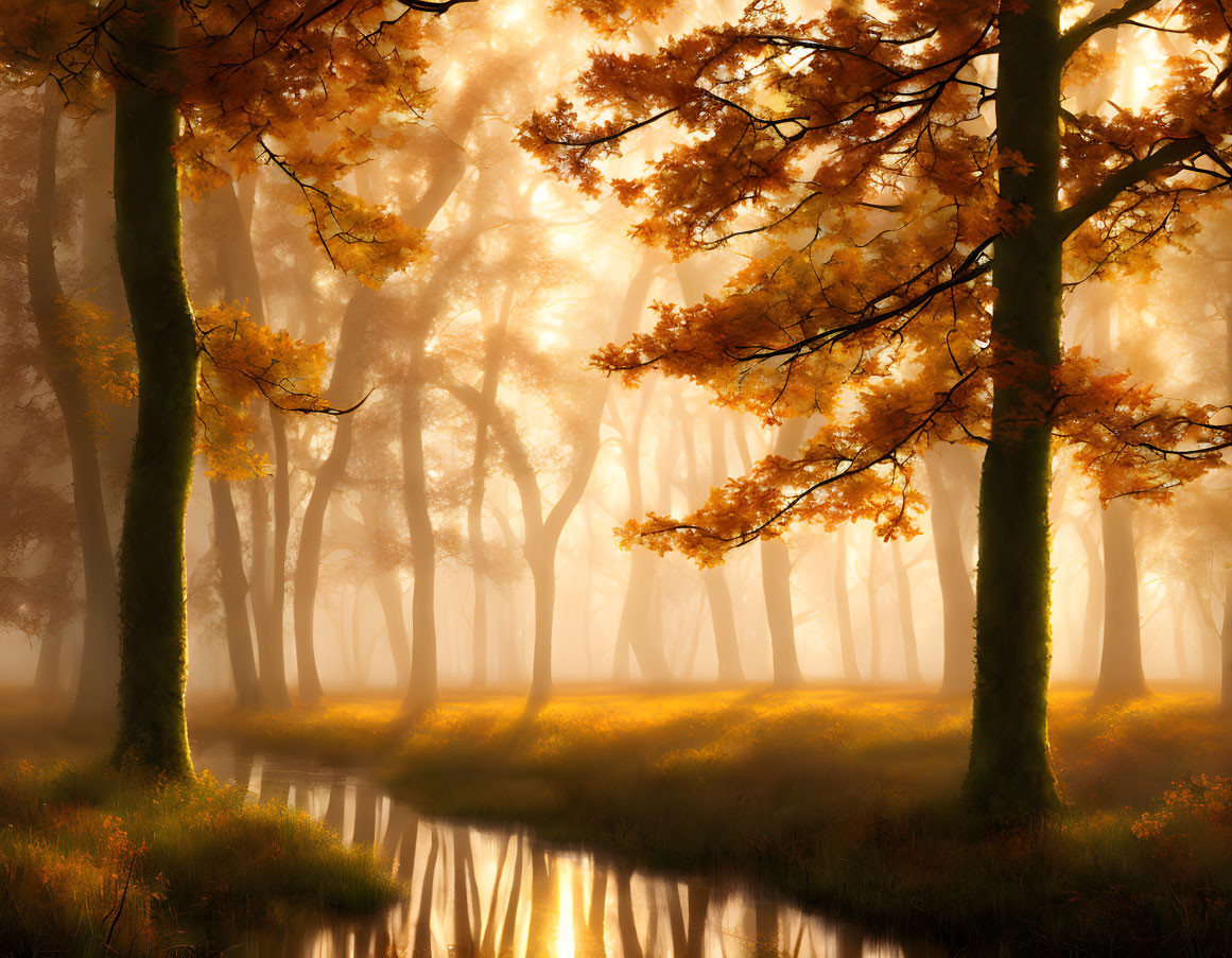 Autumn forest scene with golden sunlight and tranquil stream