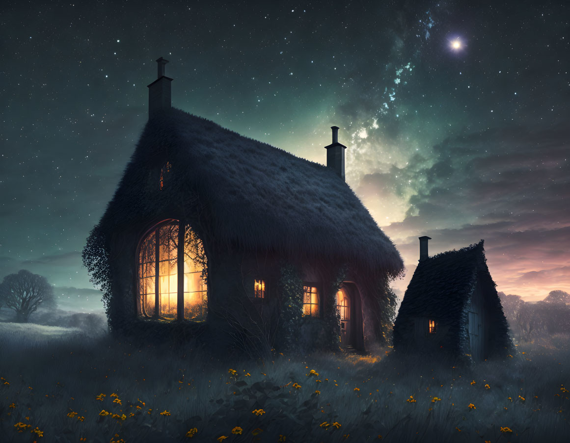 Thatched-Roof Cottage in Tranquil Field at Night