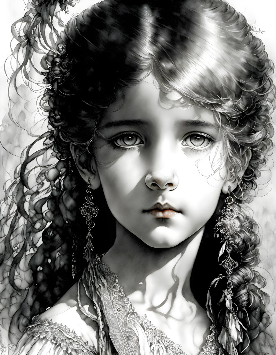 Detailed Monochrome Portrait of Young Girl with Curly Hair and Ornate Earrings