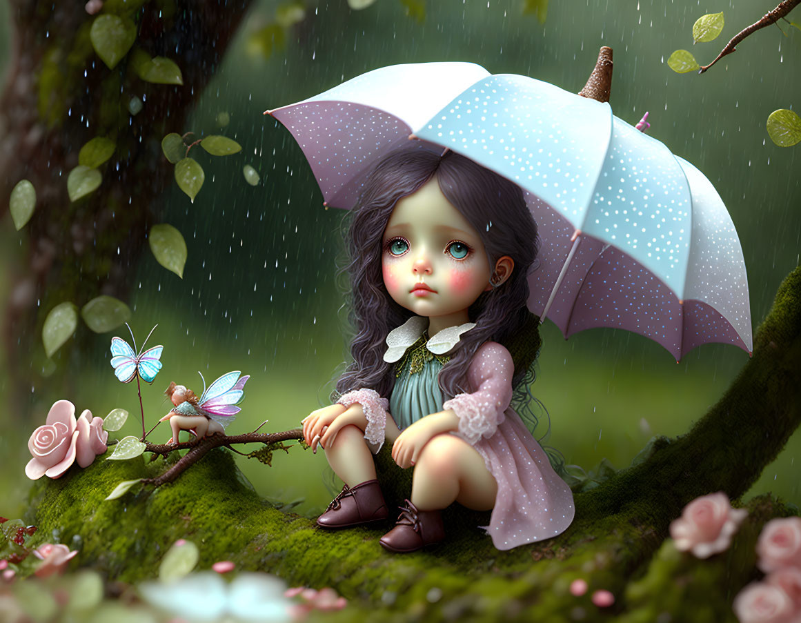 Whimsical doll-like girl with umbrella on mossy branch in rain