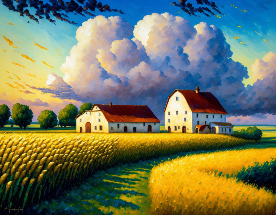 Rural landscape painting with golden fields and dramatic sunset sky