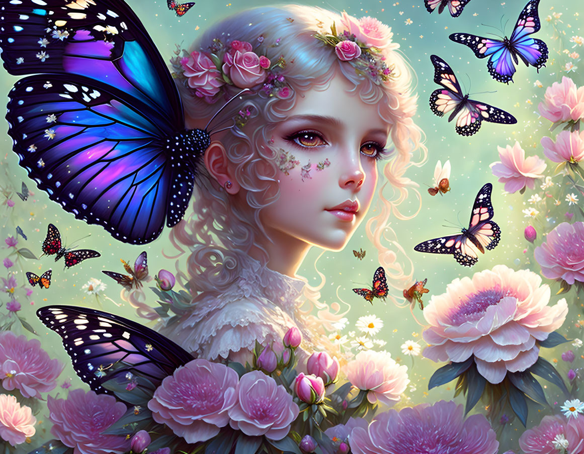 Fantasy portrait of a girl with butterfly wings in floral setting