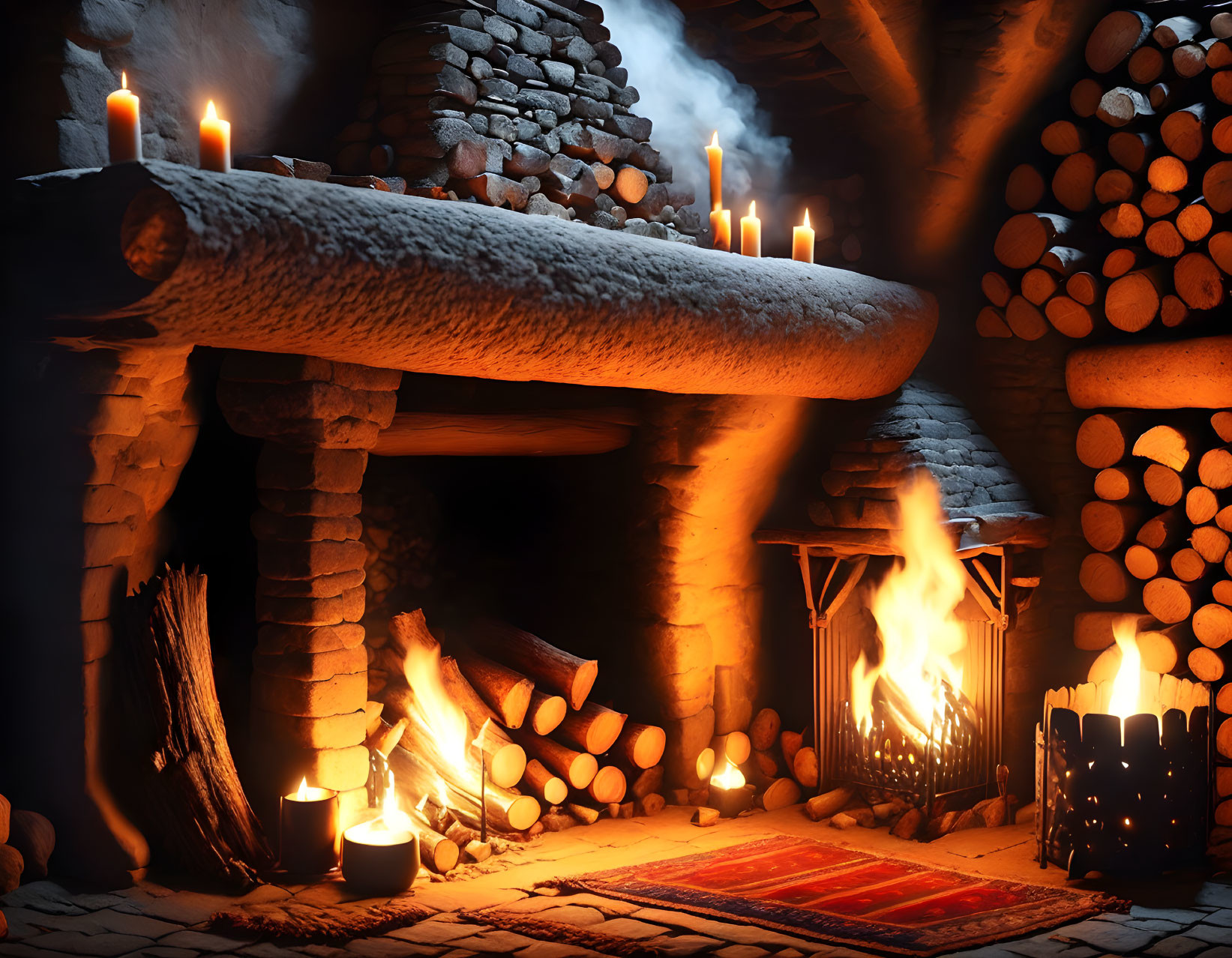 Cozy Hearth with Roaring Fire, Candles, Stone Walls, Firewood, and Woven