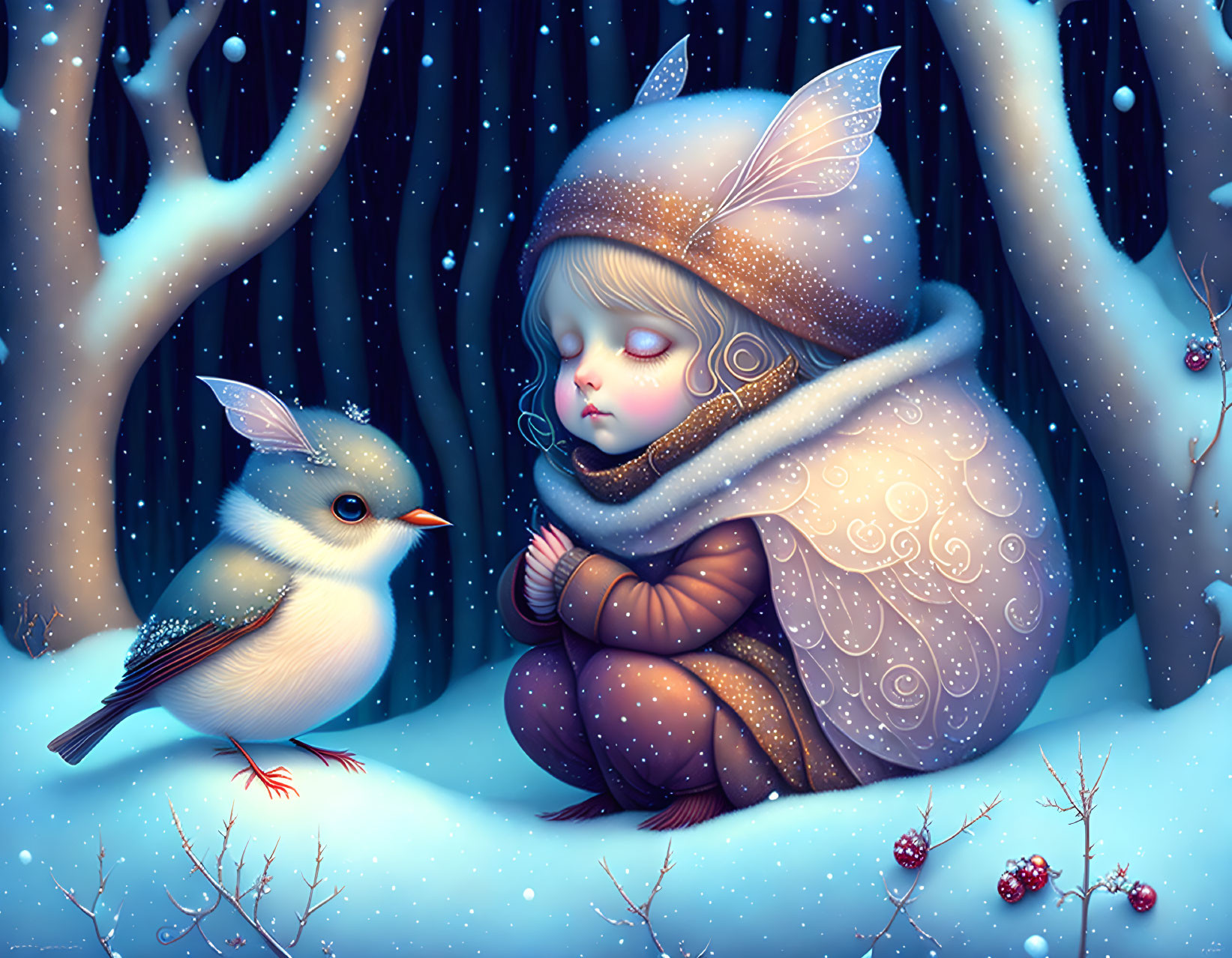 Child with fairy wings and bird in snowy enchanted forest setting